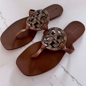 Swarovski Crystal Tory Burch Miller Sandals Leather Brown size 6